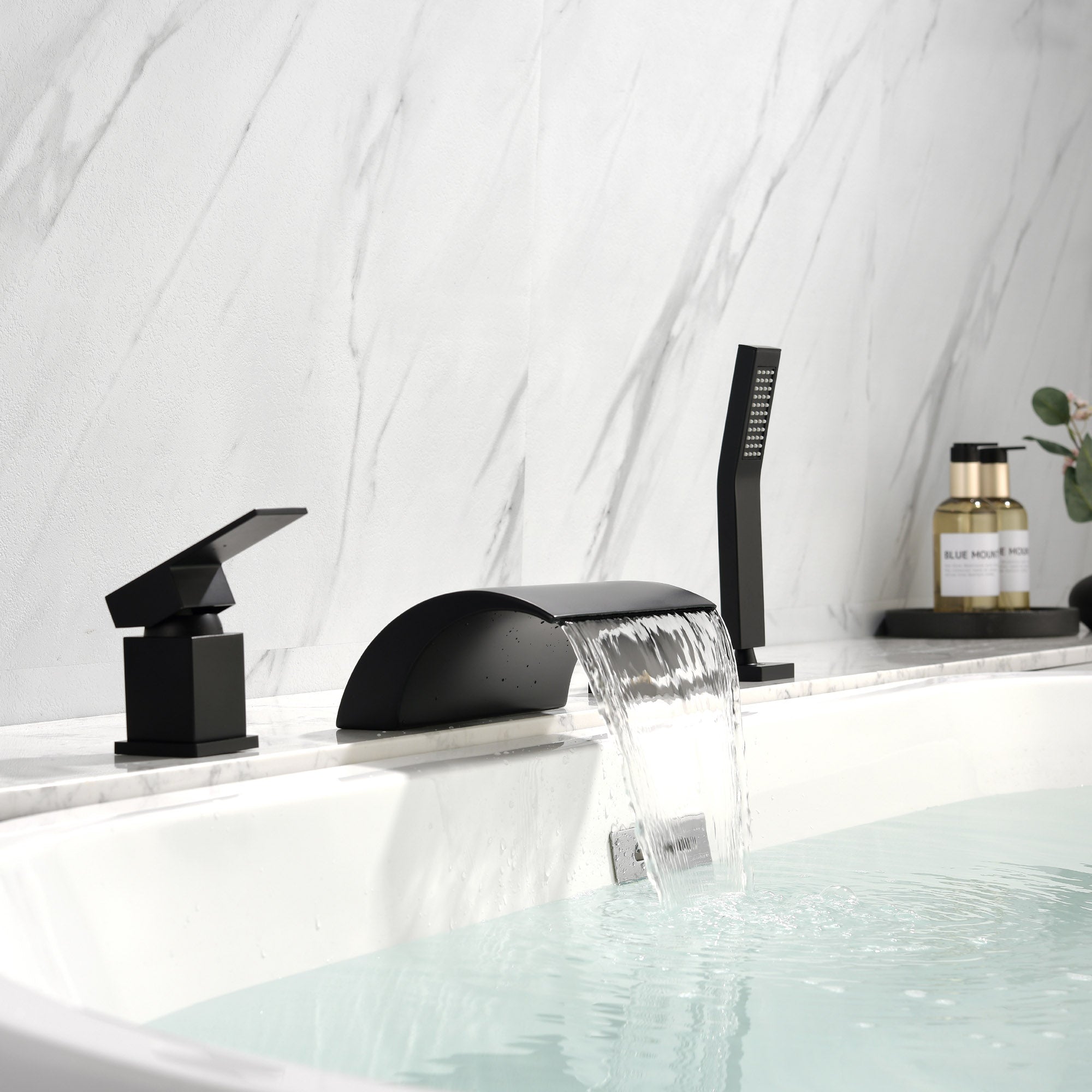 Waterfall Roman Tub Faucet with Sprayer Deck Mount Tub Filler with Hand Shower, Single Handle Bathtub Faucet Set