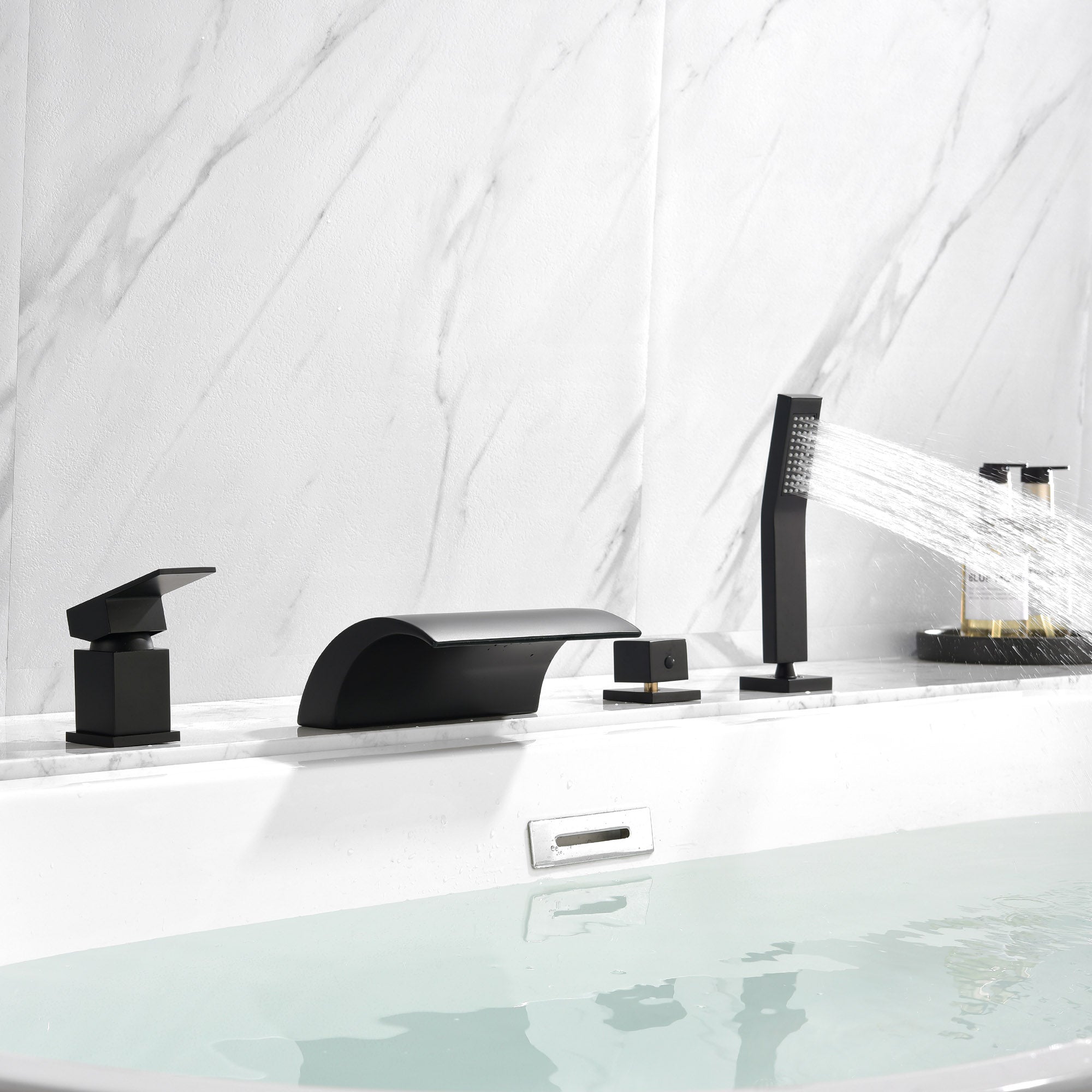 Waterfall Roman Tub Faucet with Sprayer Deck Mount Tub Filler with Hand Shower, Single Handle Bathtub Faucet Set