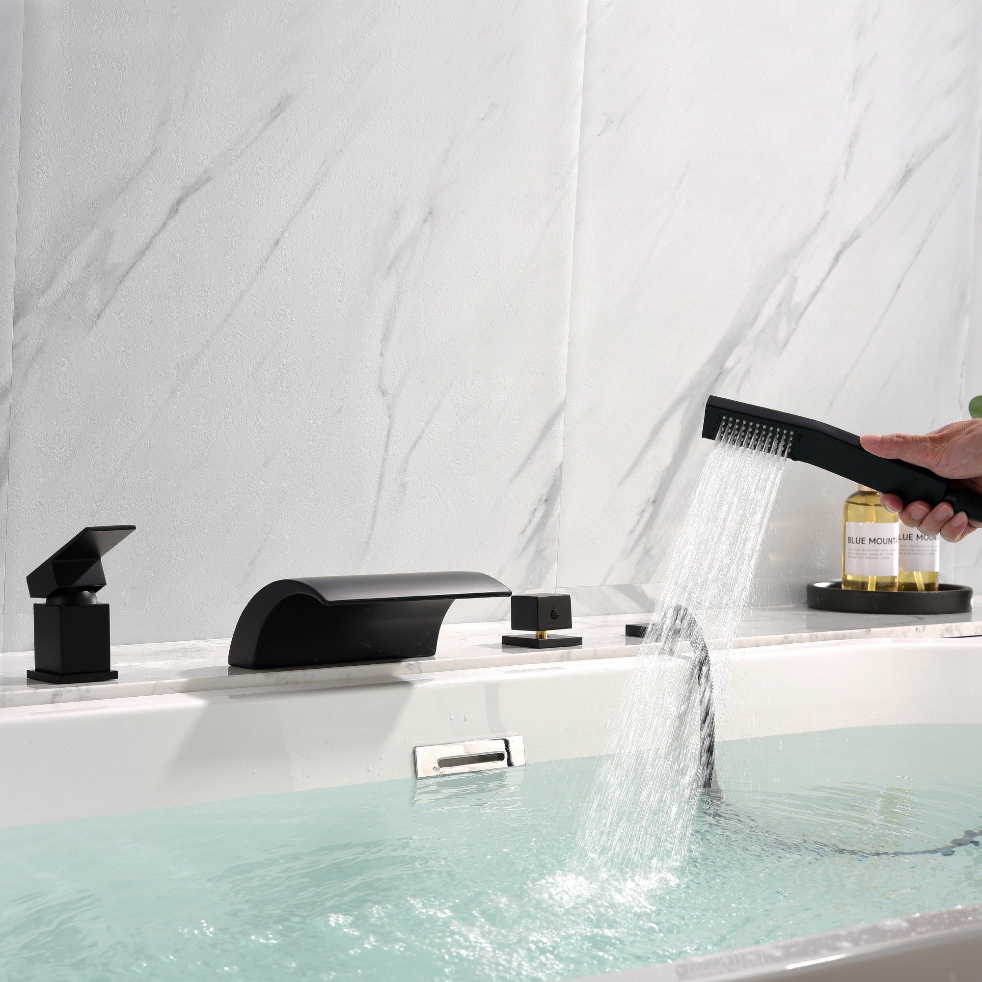 Waterfall Roman Tub Faucet with Sprayer Deck Mount Tub Filler with Hand Shower, Single Handle Bathtub Faucet Set