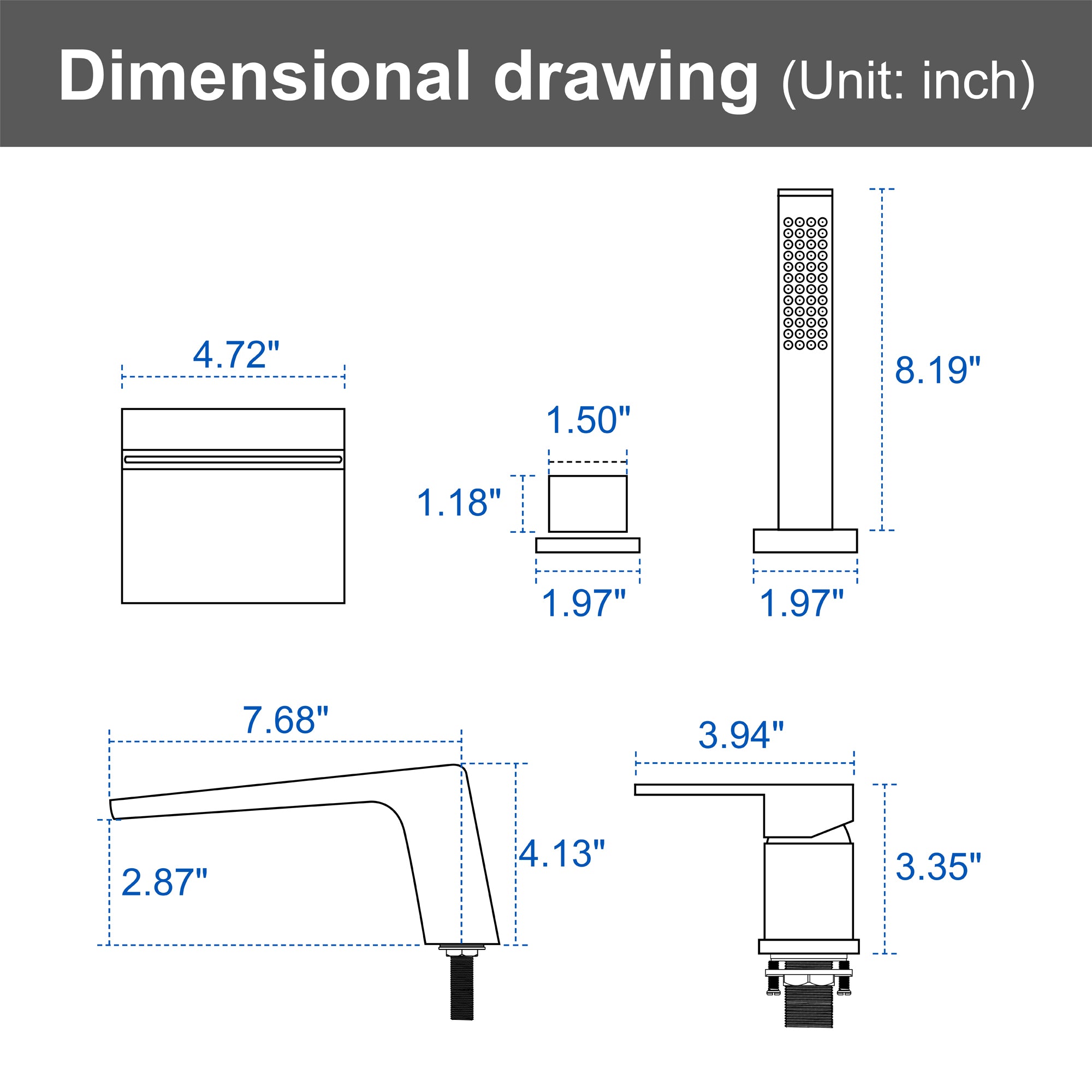 4-Hole Waterfall Deck-Mount Bathtub Faucet with Sprayer High Flow Roman Tub Filler with Hand Shower