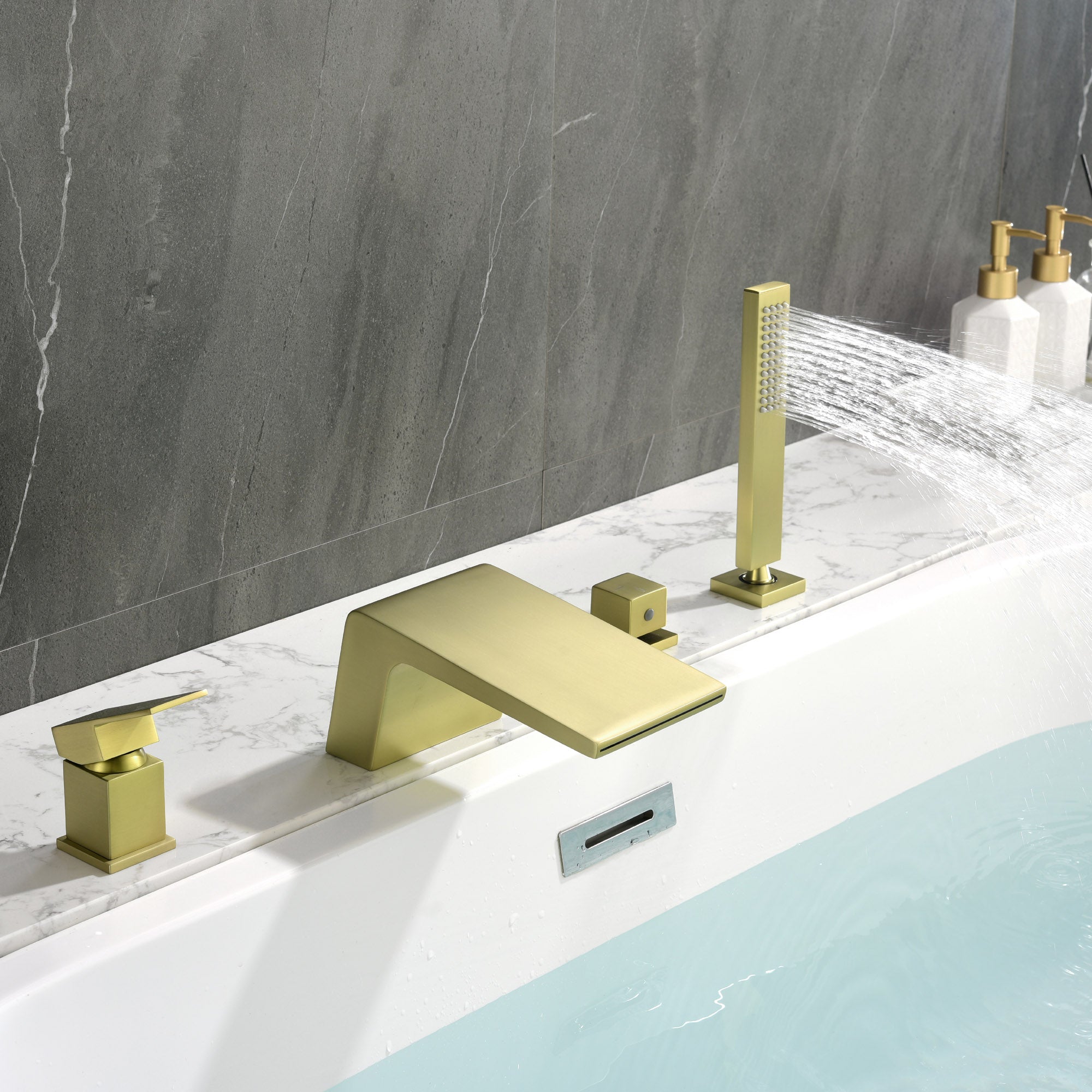 4-Hole Waterfall Deck-Mount Bathtub Faucet with Sprayer High Flow Roman Tub Filler with Hand Shower