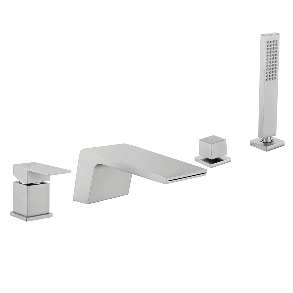 4-Hole Waterfall Deck-Mount Bathtub Faucet with Sprayer High Flow Roman Tub Filler with Hand Shower