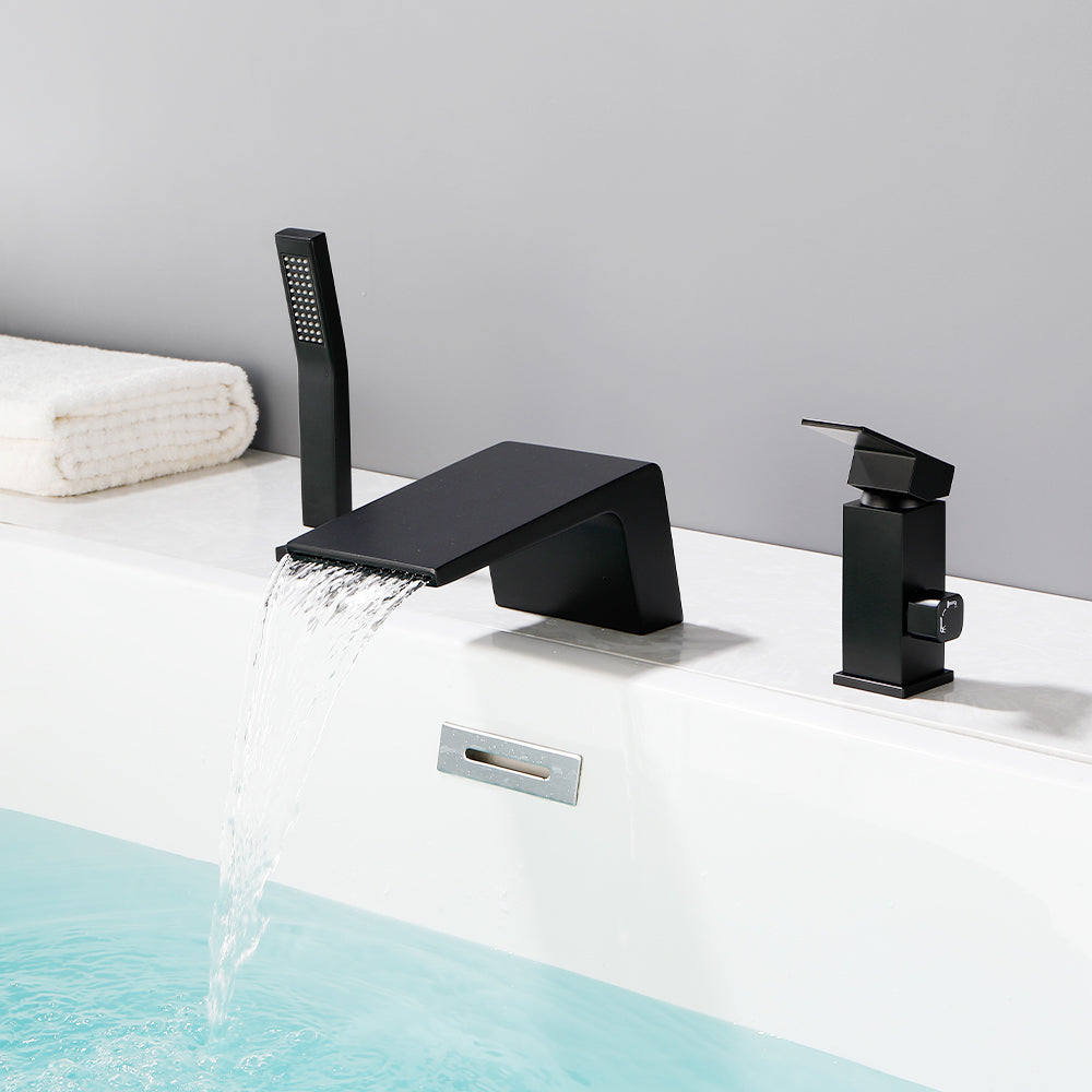 3-Holes Deck-Mount Tub Filler Trim Brass 1-Handle Waterfall Roman Tub Faucet with Hand Sprayer in Matte Black | Brushed Nickel | Brushed Gold