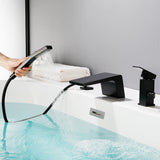 3-Holes Deck-Mount Tub Filler Trim Brass 1-Handle Waterfall Roman Tub Faucet with Hand Sprayer in Matte Black | Brushed Nickel | Brushed Gold