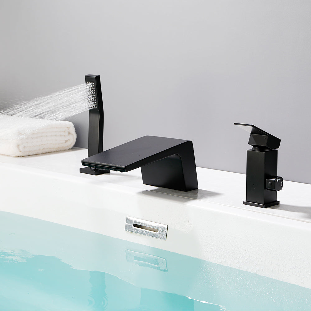 3-Holes Deck-Mount Tub Filler Trim Brass 1-Handle Waterfall Roman Tub Faucet with Hand Sprayer in Matte Black | Brushed Nickel | Brushed Gold