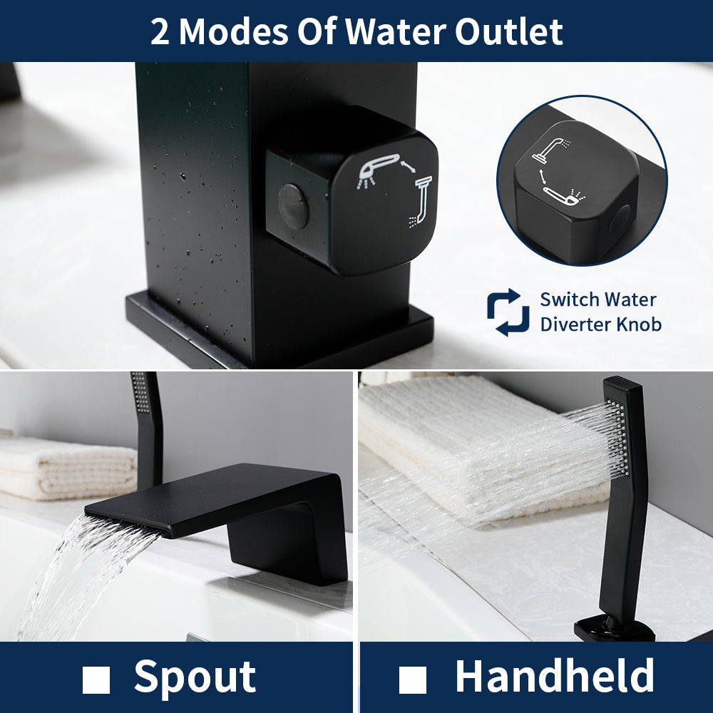 3-Holes Deck-Mount Tub Filler Trim Brass 1-Handle Waterfall Roman Tub Faucet with Hand Sprayer in Matte Black | Brushed Nickel | Brushed Gold
