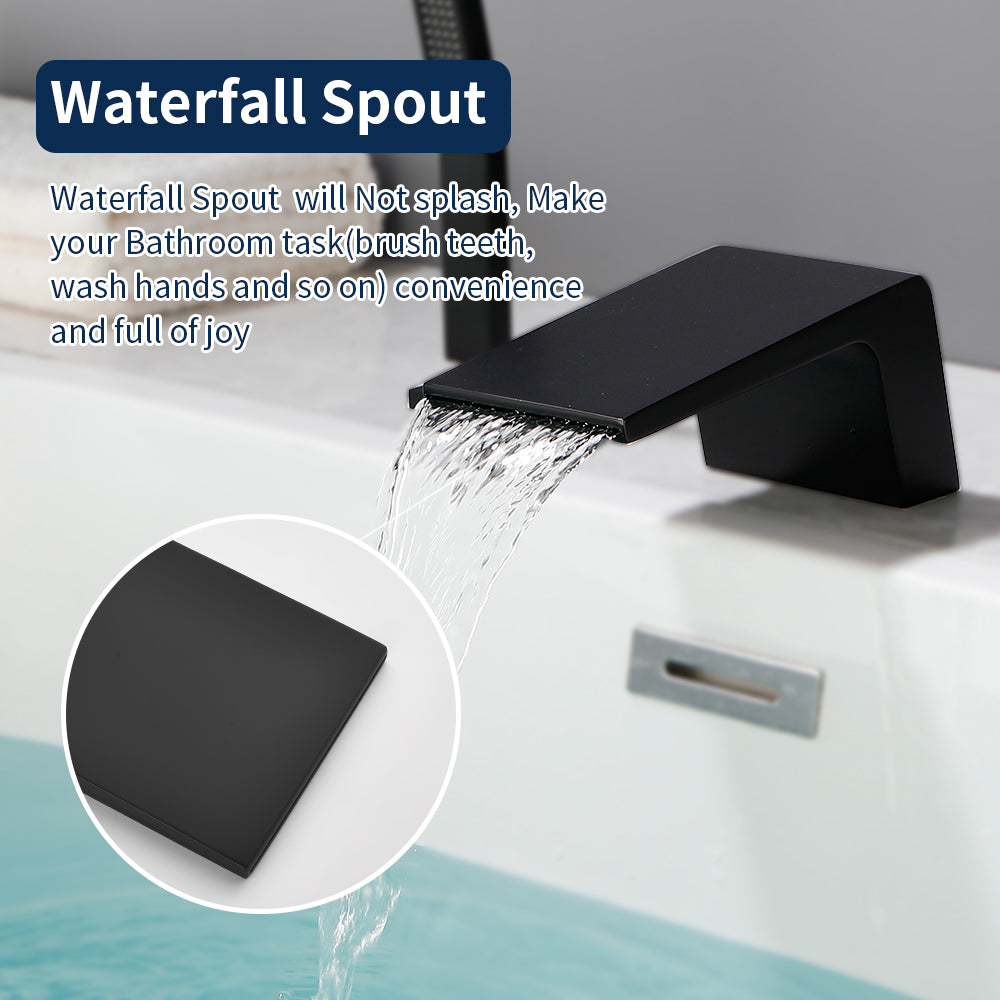3-Holes Deck-Mount Tub Filler Trim Brass 1-Handle Waterfall Roman Tub Faucet with Hand Sprayer in Matte Black | Brushed Nickel | Brushed Gold