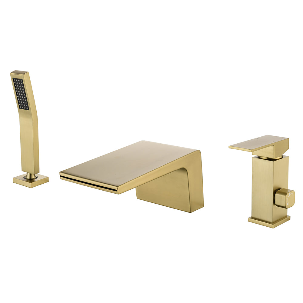 3-Holes Deck-Mount Tub Filler Trim Brass 1-Handle Waterfall Roman Tub Faucet with Hand Sprayer in Matte Black | Brushed Nickel | Brushed Gold