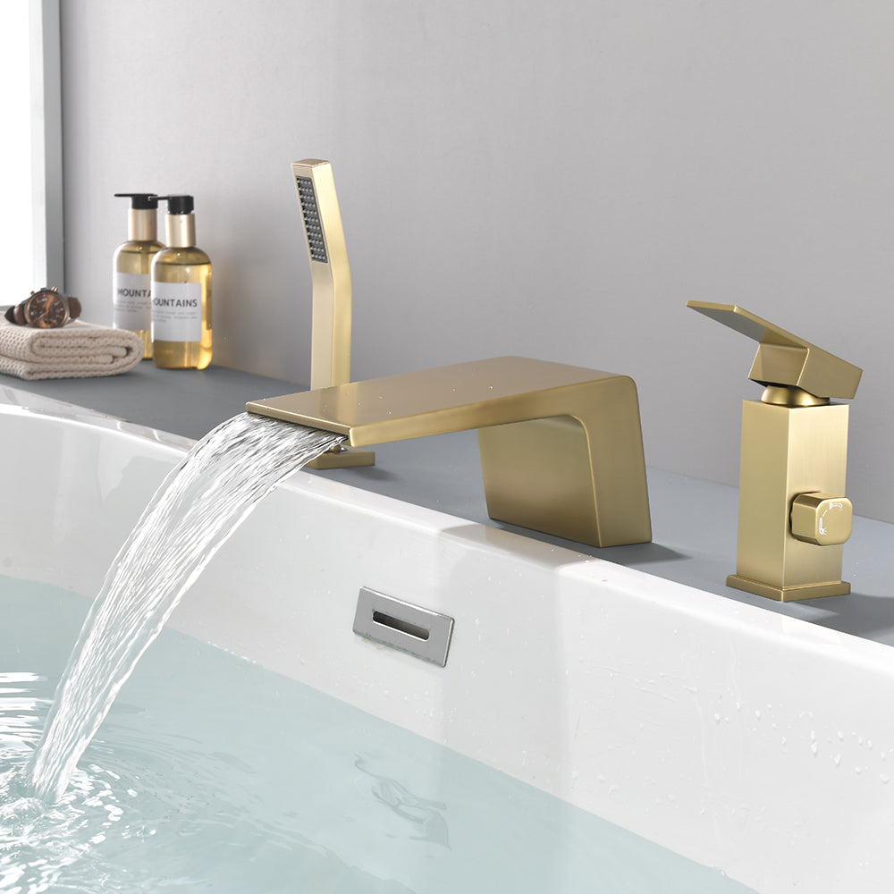 3-Holes Deck-Mount Tub Filler Trim Brass 1-Handle Waterfall Roman Tub Faucet with Hand Sprayer in Matte Black | Brushed Nickel | Brushed Gold