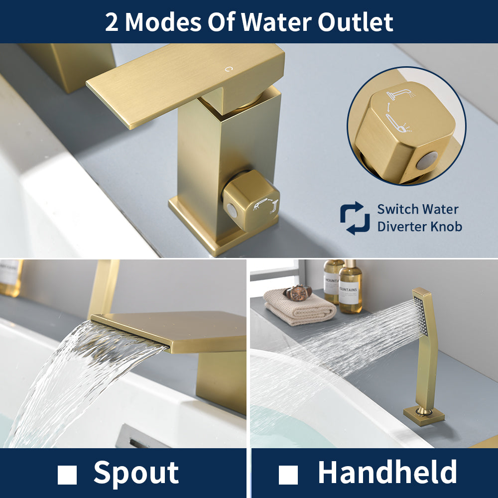 3-Holes Deck-Mount Tub Filler Trim Brass 1-Handle Waterfall Roman Tub Faucet with Hand Sprayer in Matte Black | Brushed Nickel | Brushed Gold