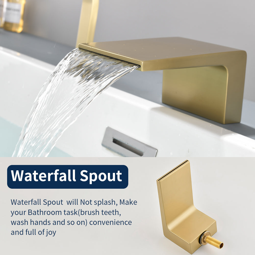 3-Holes Deck-Mount Tub Filler Trim Brass 1-Handle Waterfall Roman Tub Faucet with Hand Sprayer in Matte Black | Brushed Nickel | Brushed Gold