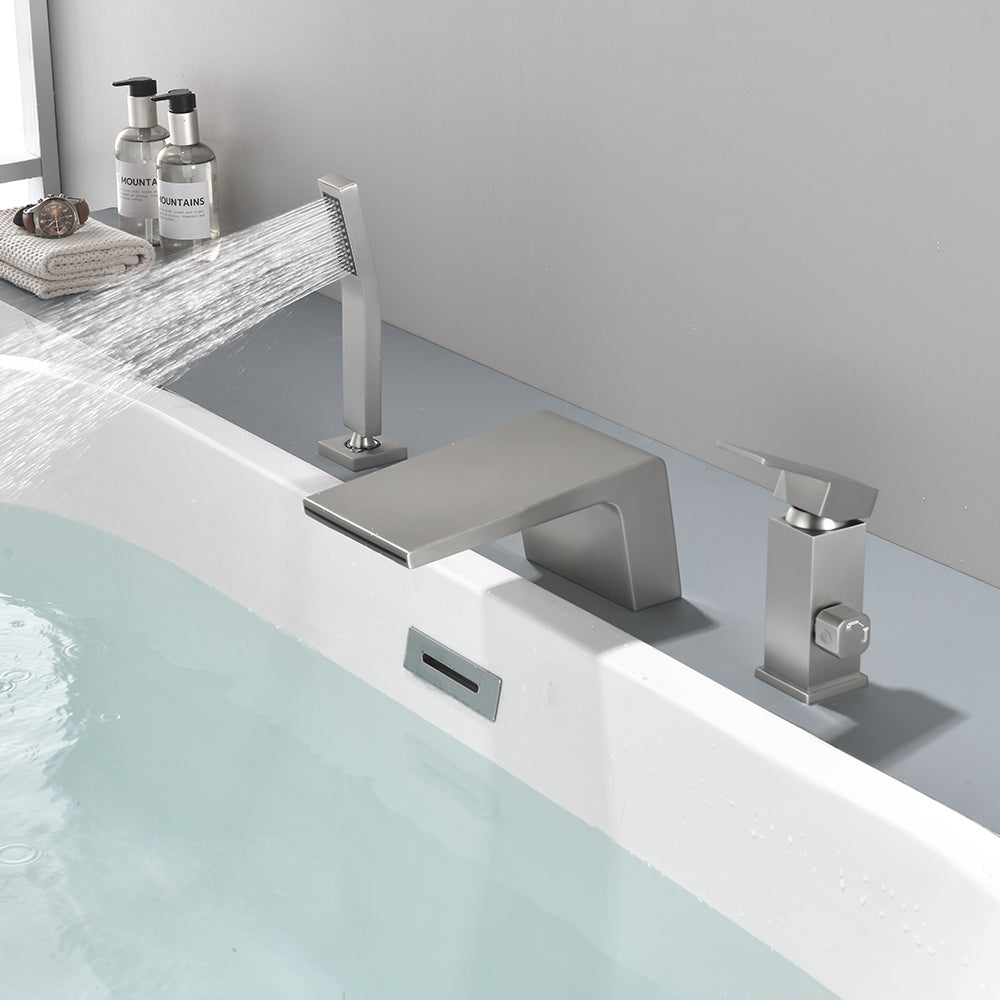 3-Holes Deck-Mount Tub Filler Trim Brass 1-Handle Waterfall Roman Tub Faucet with Hand Sprayer in Matte Black | Brushed Nickel | Brushed Gold