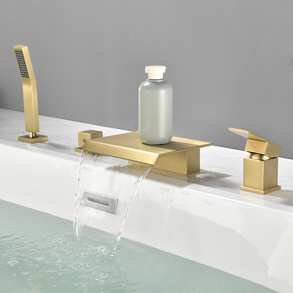 Roman Tub Filler Single Handle Deck Mounted 4 Holes Bathtub Faucet with Handheld Shower in Matte Black, Brushed Nickel, Brushed Gold