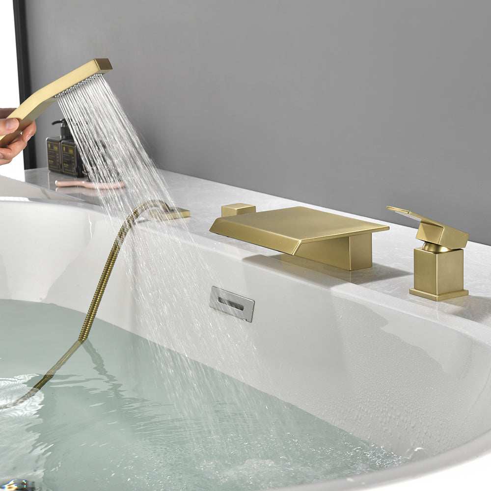 Roman Tub Filler Single Handle Deck Mounted 4 Holes Bathtub Faucet with Handheld Shower in Matte Black, Brushed Nickel, Brushed Gold