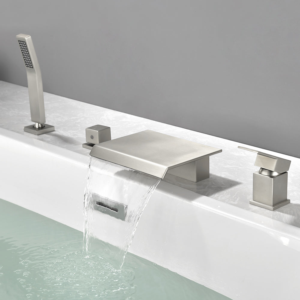 Roman Tub Filler Single Handle Deck Mounted 4 Holes Bathtub Faucet with Handheld Shower in Matte Black, Brushed Nickel, Brushed Gold