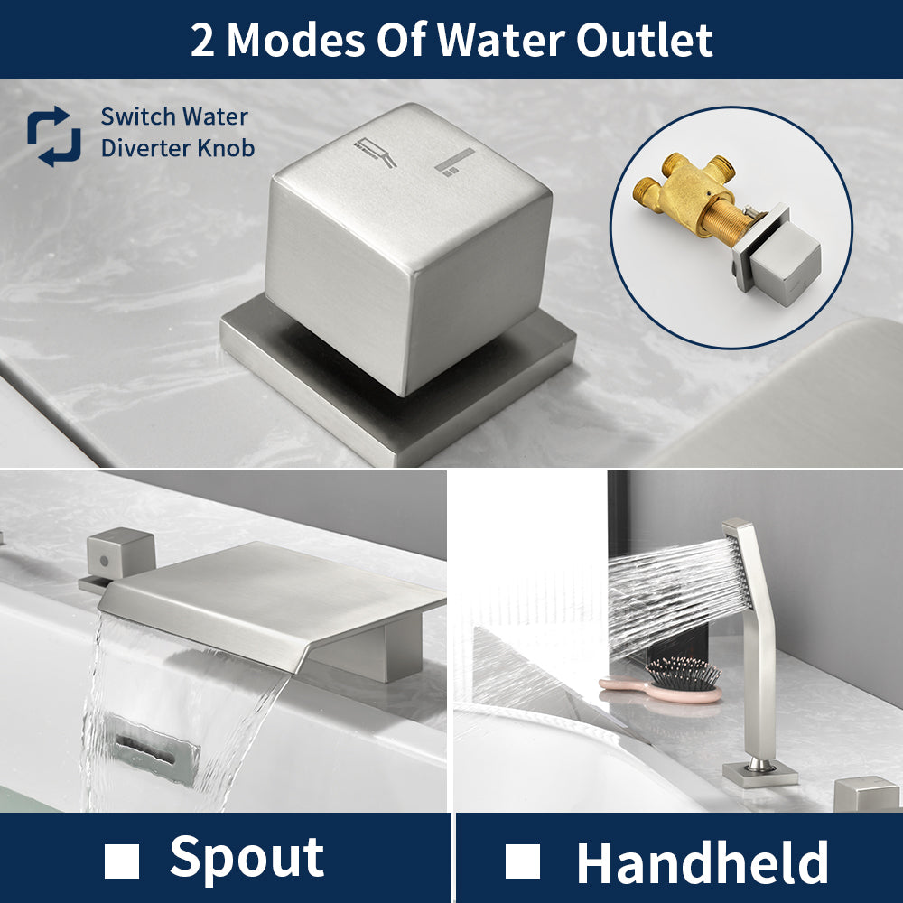 Roman Tub Filler Single Handle Deck Mounted 4 Holes Bathtub Faucet with Handheld Shower in Matte Black, Brushed Nickel, Brushed Gold