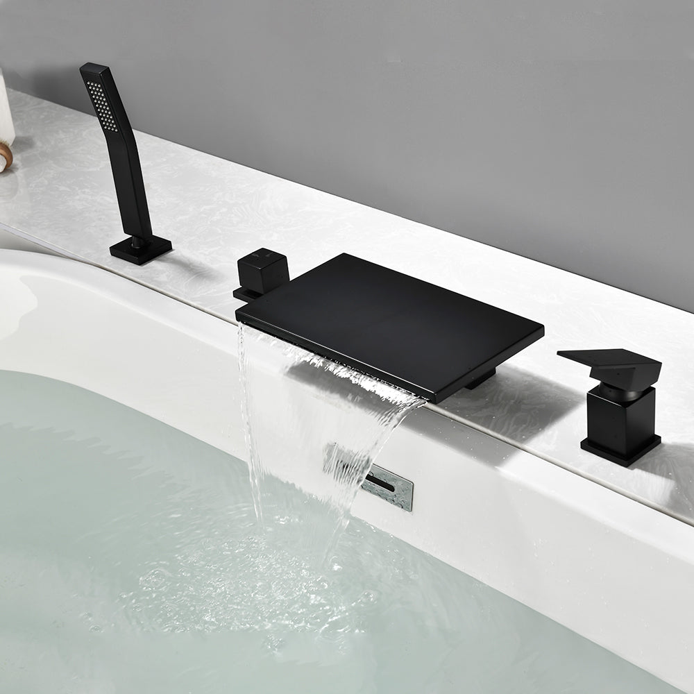 Waterfall Roman Tub Faucet  Single-Handle 4 Hole Deck Mounted Tub Filler with Shower Diverter Solid Brass