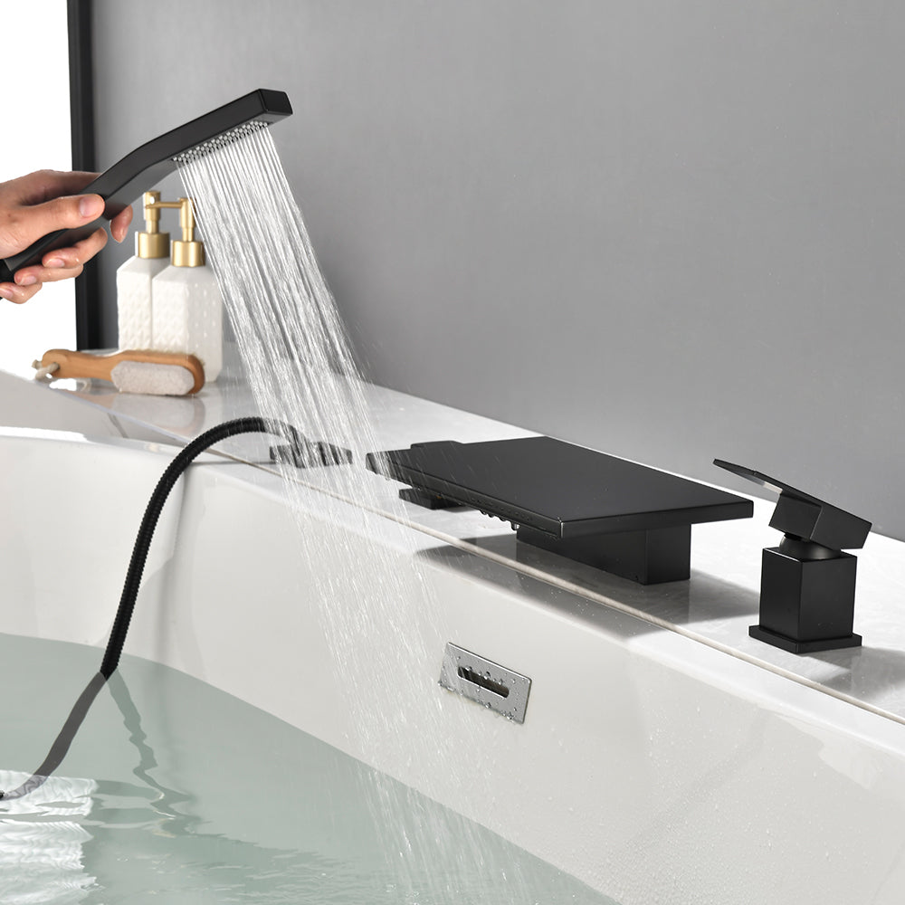 Waterfall Roman Tub Faucet  Single-Handle 4 Hole Deck Mounted Tub Filler with Shower Diverter Solid Brass