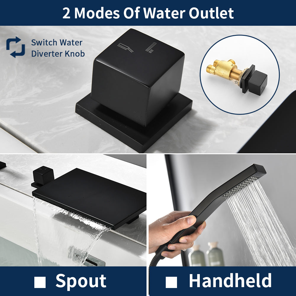 Waterfall Roman Tub Faucet  Single-Handle 4 Hole Deck Mounted Tub Filler with Shower Diverter Solid Brass