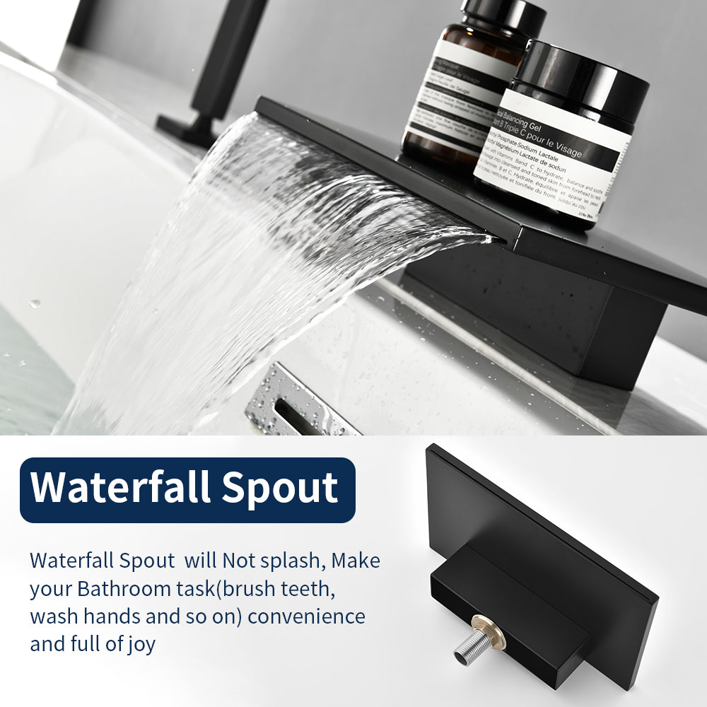 Waterfall Roman Tub Faucet  Single-Handle 4 Hole Deck Mounted Tub Filler with Shower Diverter Solid Brass