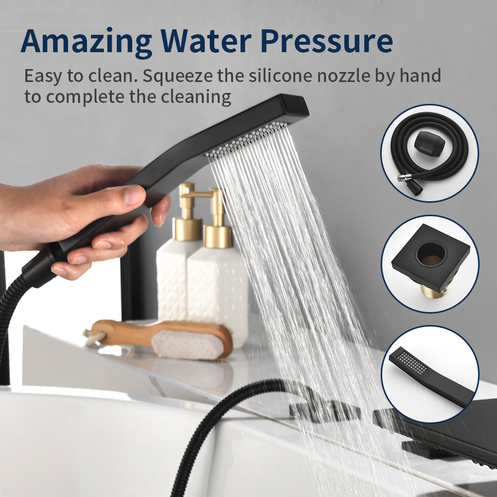 Waterfall Roman Tub Faucet  Single-Handle 4 Hole Deck Mounted Tub Filler with Shower Diverter Solid Brass