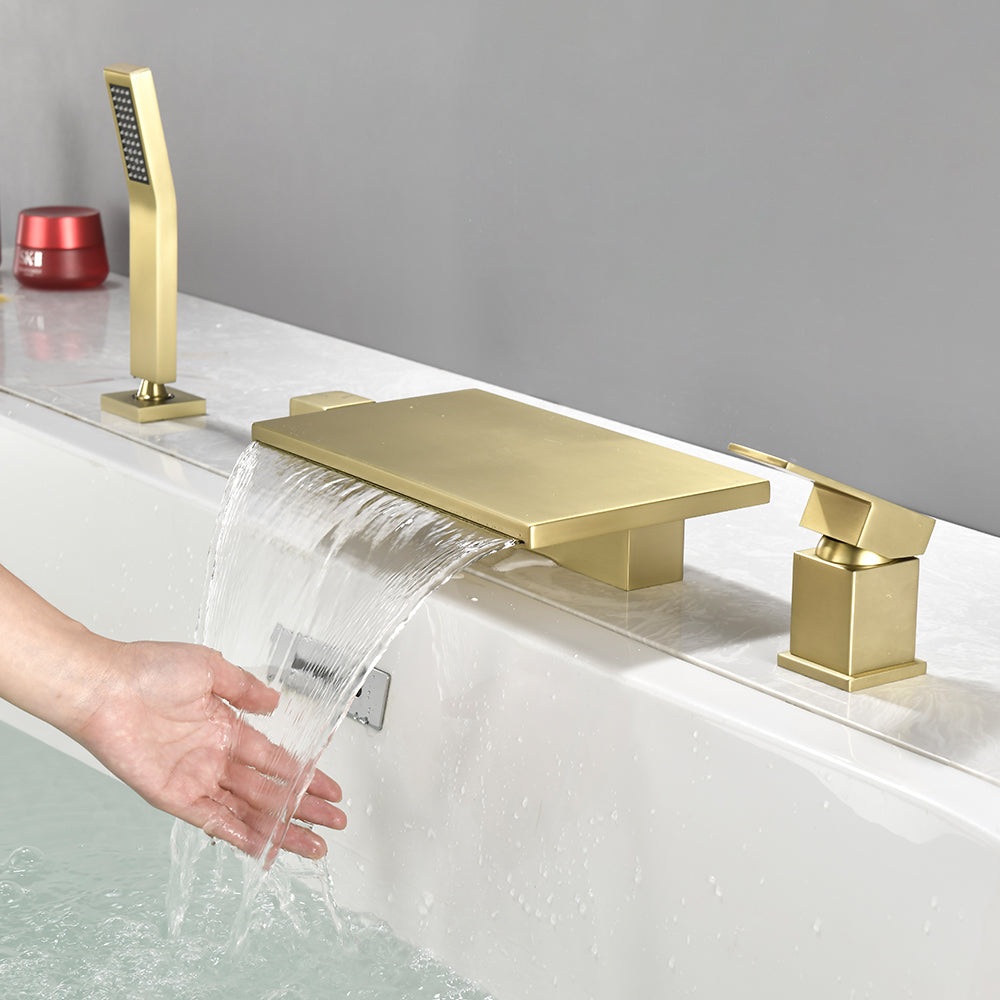 Waterfall Roman Tub Faucet  Single-Handle 4 Hole Deck Mounted Tub Filler with Shower Diverter Solid Brass