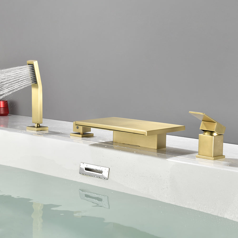 Waterfall Roman Tub Faucet  Single-Handle 4 Hole Deck Mounted Tub Filler with Shower Diverter Solid Brass