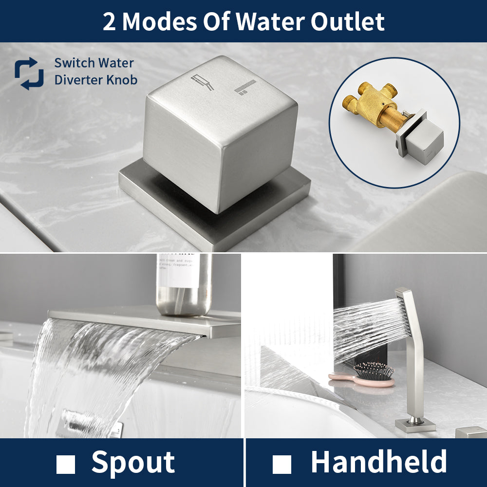 Waterfall Roman Tub Faucet  Single-Handle 4 Hole Deck Mounted Tub Filler with Shower Diverter Solid Brass