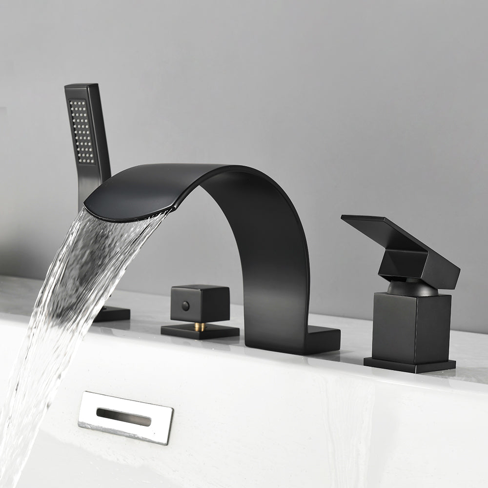 4-Hole Roman Bath Faucet Hot Cold Water Mixer Deck Mount Waterfall Tub Faucet with Hand Shower - Matte Black, Brushed Nickel, Brushed Gold