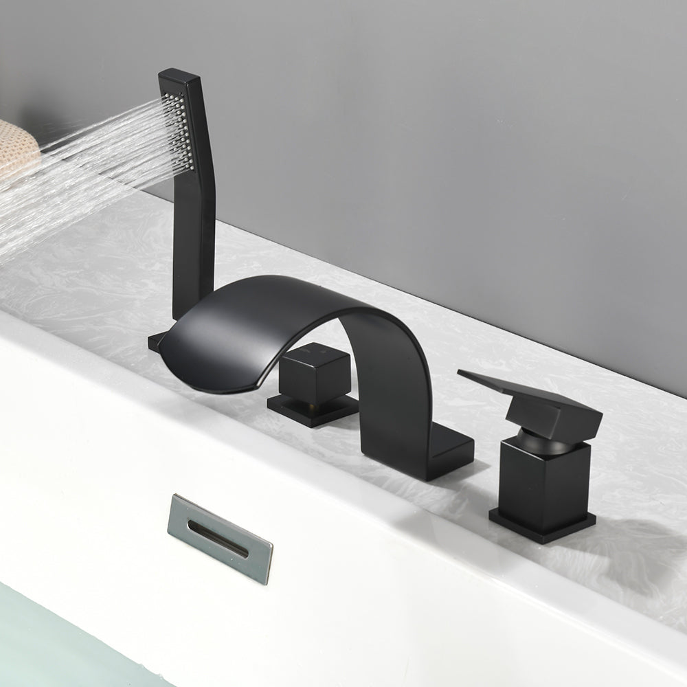4-Hole Roman Bath Faucet Hot Cold Water Mixer Deck Mount Waterfall Tub Faucet with Hand Shower - Matte Black, Brushed Nickel, Brushed Gold