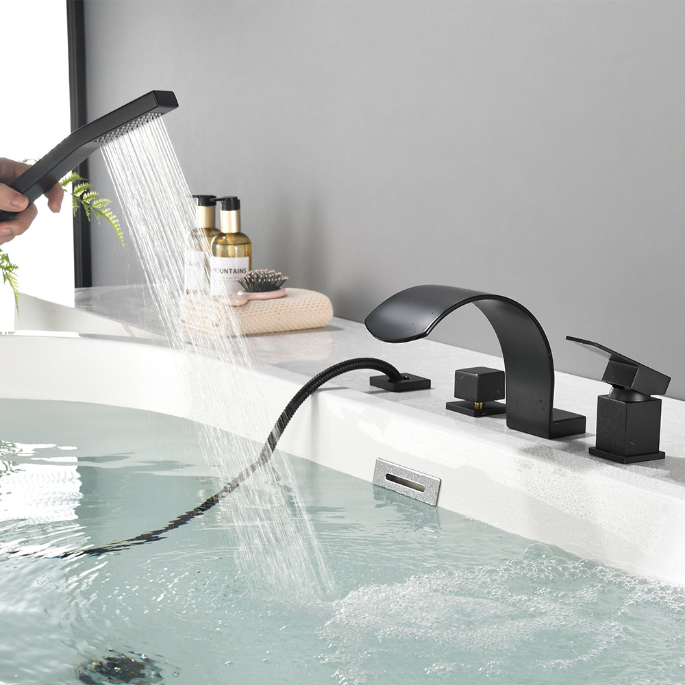 4-Hole Roman Bath Faucet Hot Cold Water Mixer Deck Mount Waterfall Tub Faucet with Hand Shower - Matte Black, Brushed Nickel, Brushed Gold