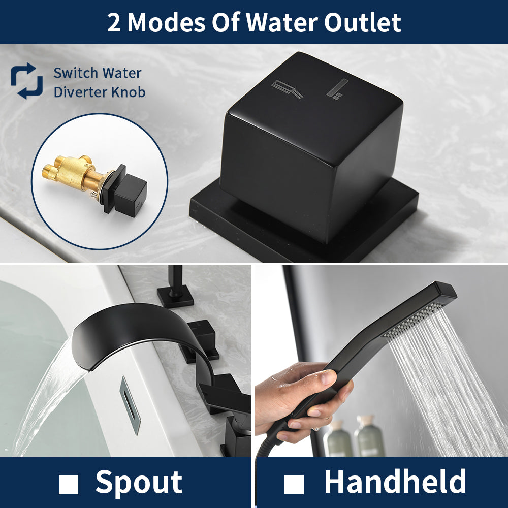 4-Hole Roman Bath Faucet Hot Cold Water Mixer Deck Mount Waterfall Tub Faucet with Hand Shower - Matte Black, Brushed Nickel, Brushed Gold
