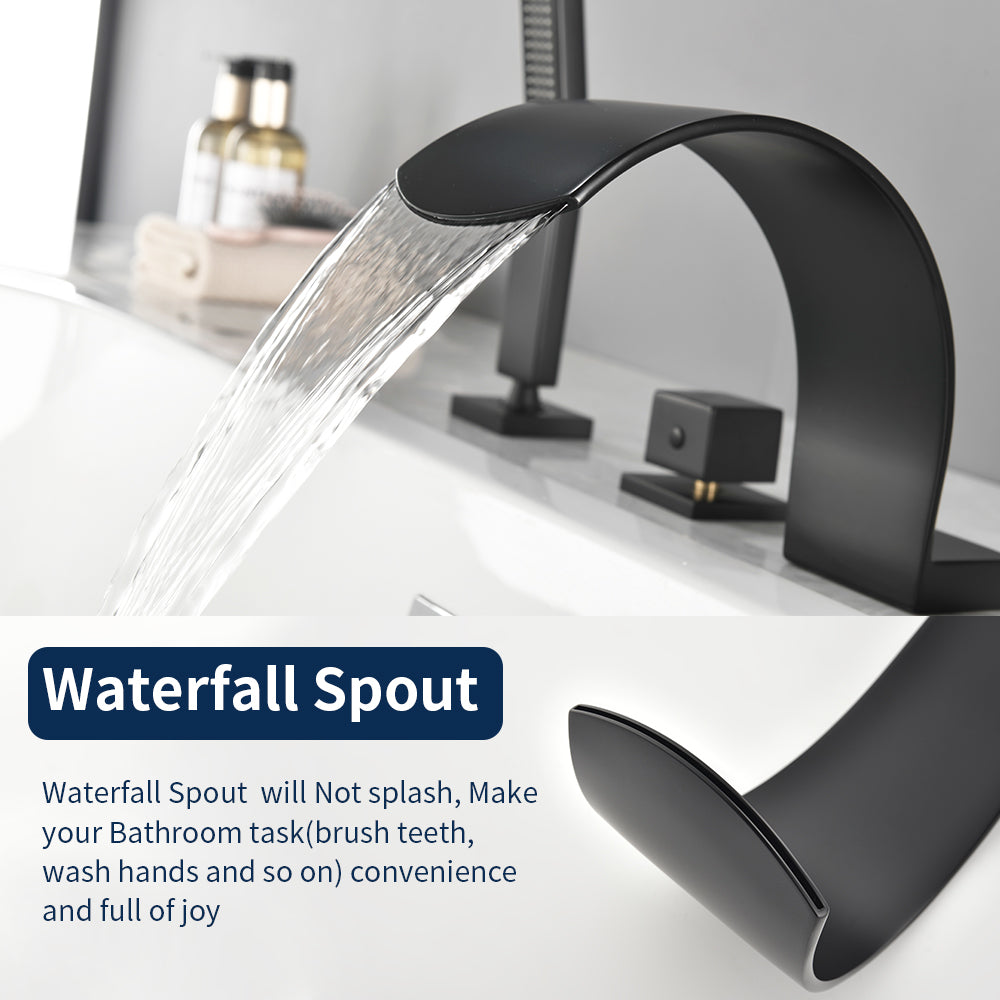 4-Hole Roman Bath Faucet Hot Cold Water Mixer Deck Mount Waterfall Tub Faucet with Hand Shower - Matte Black, Brushed Nickel, Brushed Gold