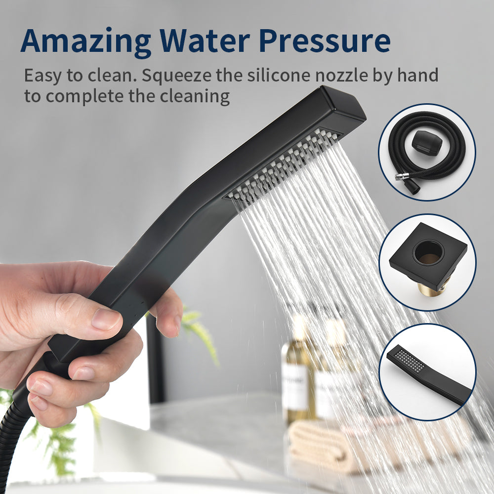4-Hole Roman Bath Faucet Hot Cold Water Mixer Deck Mount Waterfall Tub Faucet with Hand Shower - Matte Black, Brushed Nickel, Brushed Gold