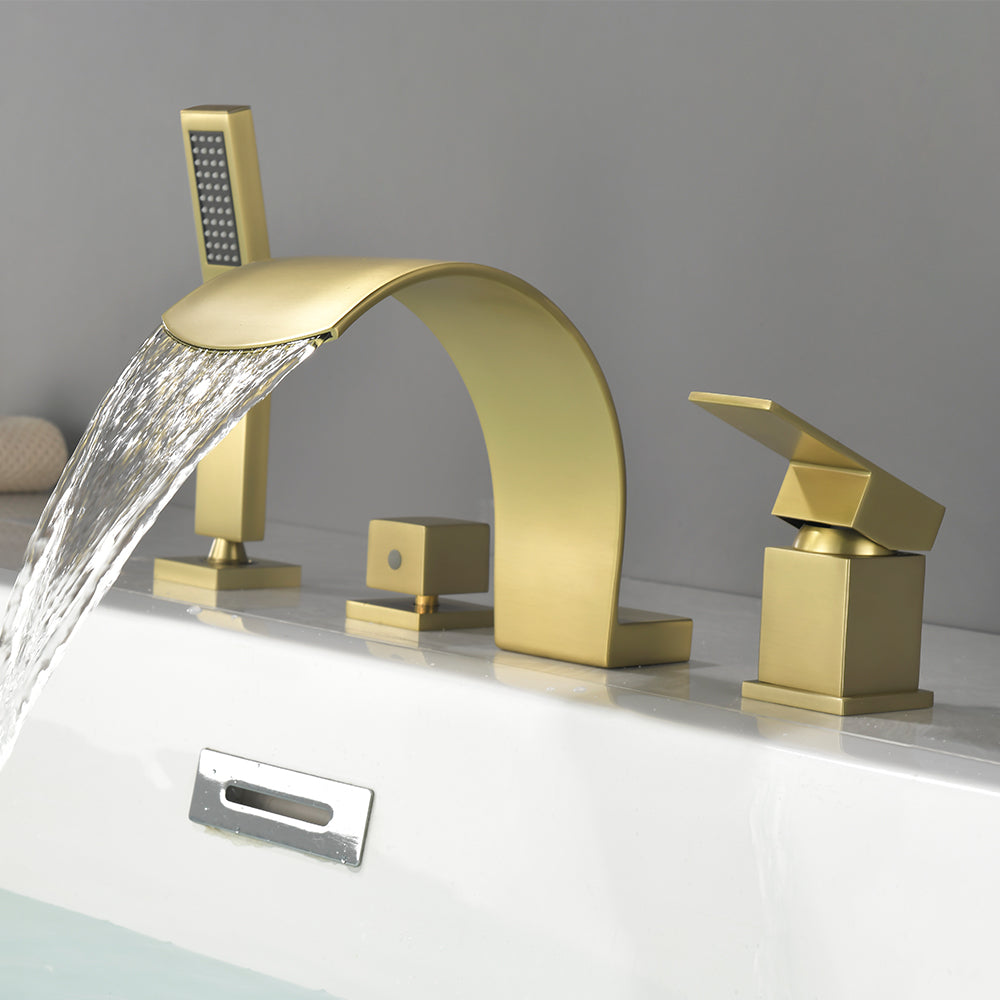 4-Hole Roman Bath Faucet Hot Cold Water Mixer Deck Mount Waterfall Tub Faucet with Hand Shower - Matte Black, Brushed Nickel, Brushed Gold