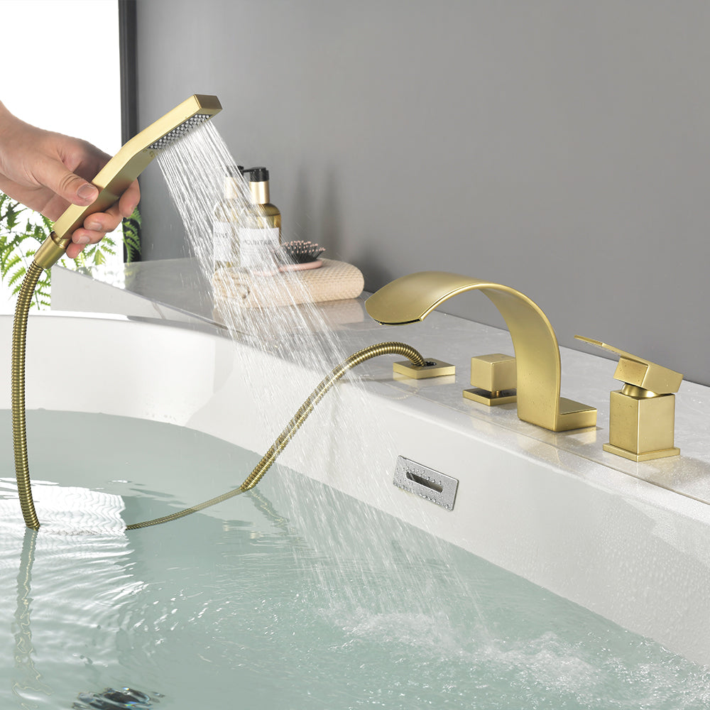4-Hole Roman Bath Faucet Hot Cold Water Mixer Deck Mount Waterfall Tub Faucet with Hand Shower - Matte Black, Brushed Nickel, Brushed Gold