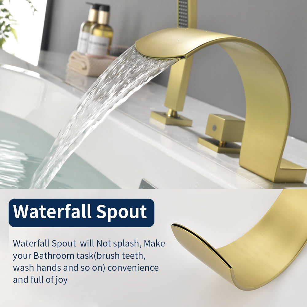 4-Hole Roman Bath Faucet Hot Cold Water Mixer Deck Mount Waterfall Tub Faucet with Hand Shower - Matte Black, Brushed Nickel, Brushed Gold