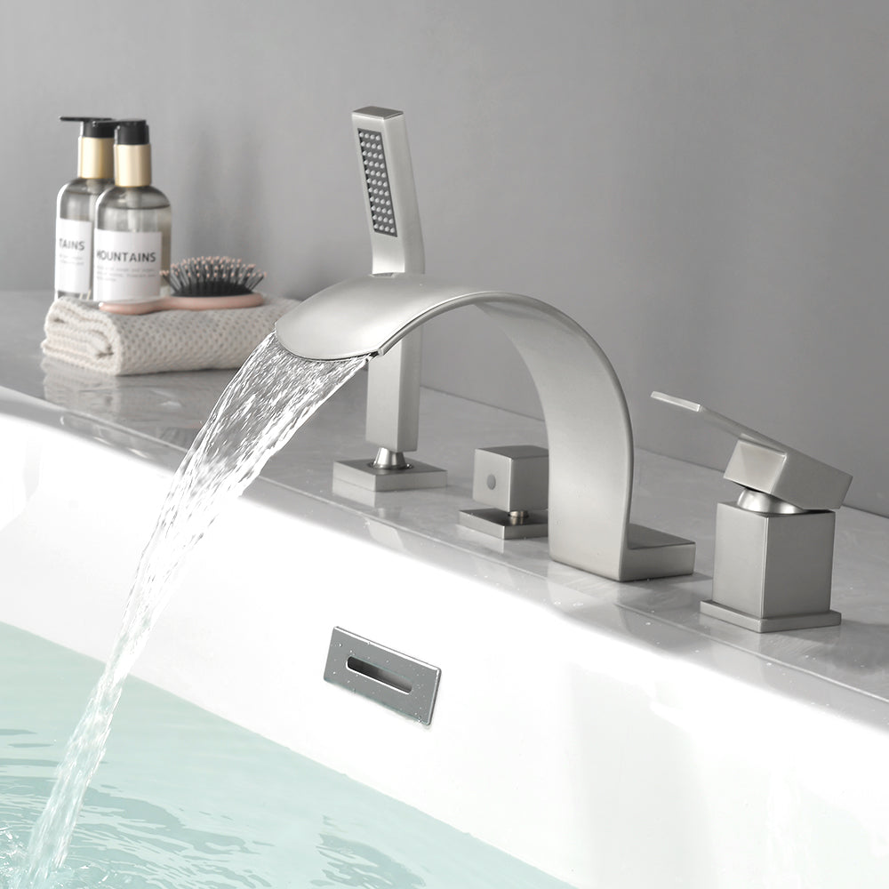 4-Hole Roman Bath Faucet Hot Cold Water Mixer Deck Mount Waterfall Tub Faucet with Hand Shower - Matte Black, Brushed Nickel, Brushed Gold