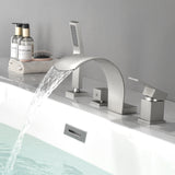 4-Hole Roman Bath Faucet Hot Cold Water Mixer Deck Mount Waterfall Tub Faucet with Hand Shower - Matte Black, Brushed Nickel, Brushed Gold