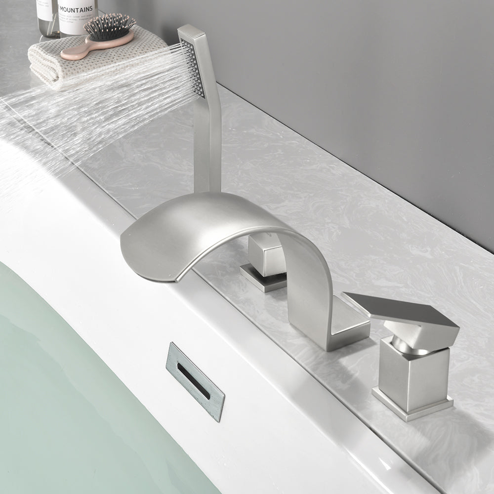 4-Hole Roman Bath Faucet Hot Cold Water Mixer Deck Mount Waterfall Tub Faucet with Hand Shower - Matte Black, Brushed Nickel, Brushed Gold