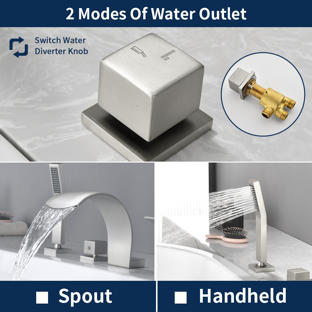 4-Hole Roman Bath Faucet Hot Cold Water Mixer Deck Mount Waterfall Tub Faucet with Hand Shower - Matte Black, Brushed Nickel, Brushed Gold