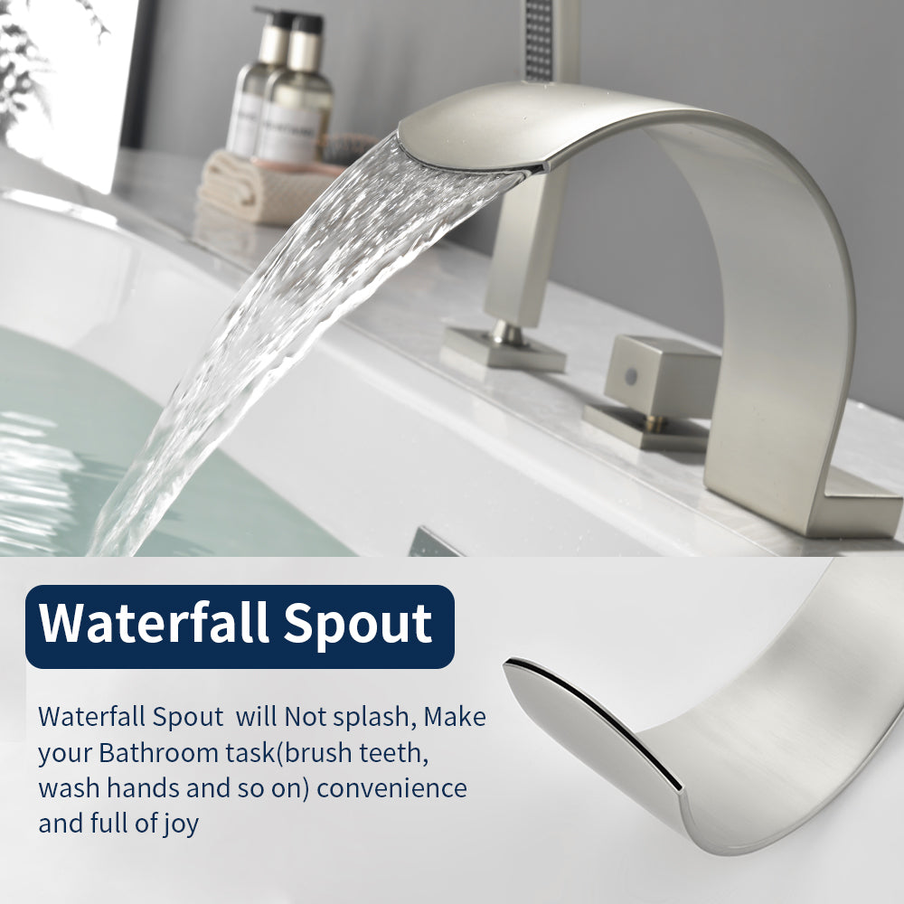 4-Hole Roman Bath Faucet Hot Cold Water Mixer Deck Mount Waterfall Tub Faucet with Hand Shower - Matte Black, Brushed Nickel, Brushed Gold