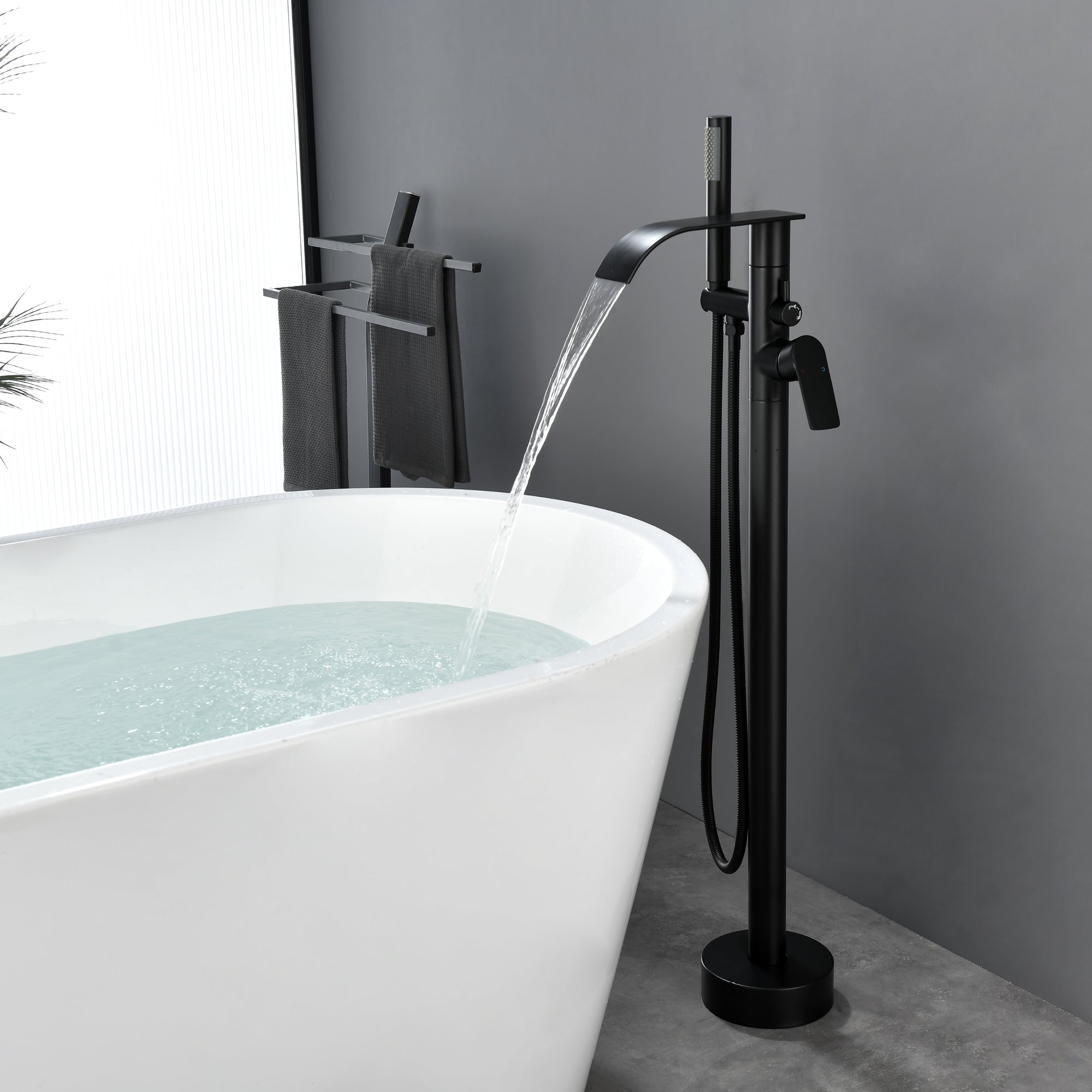 High-flow freestanding tub faucet with hand shower in Brushed Gold | Brushed Nickel | Matte Black