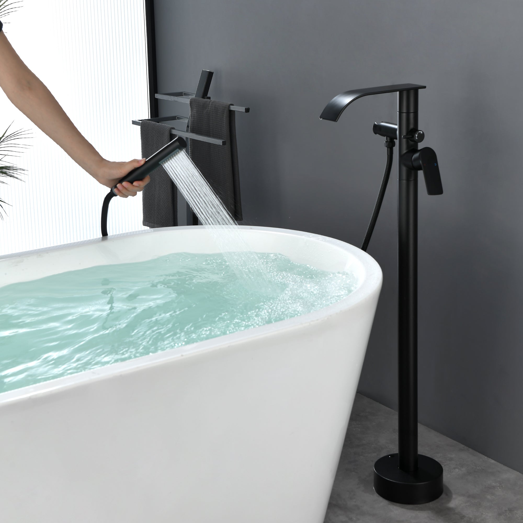 High-flow freestanding tub faucet with hand shower in Brushed Gold | Brushed Nickel | Matte Black