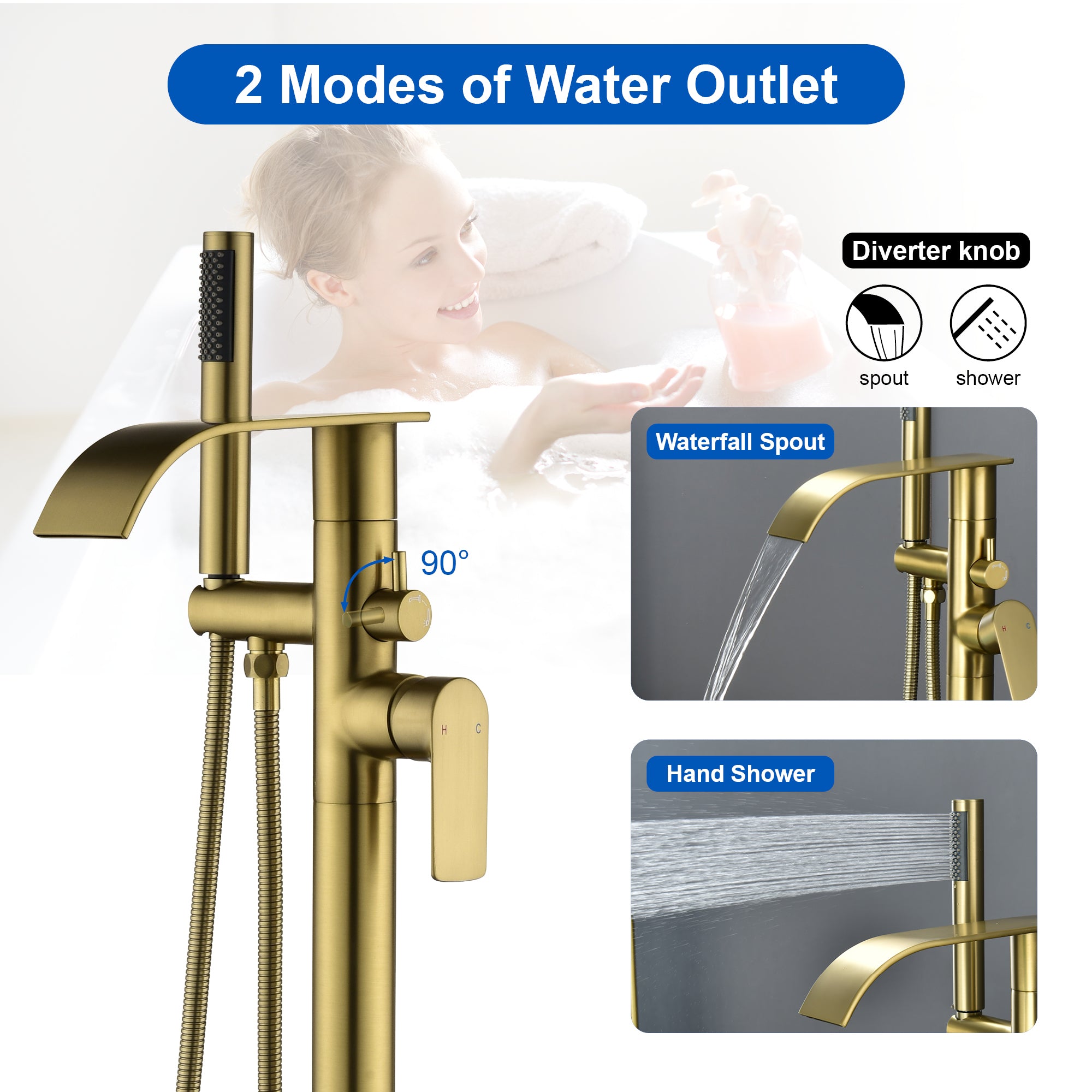High-flow freestanding tub faucet with hand shower in Brushed Gold | Brushed Nickel | Matte Black