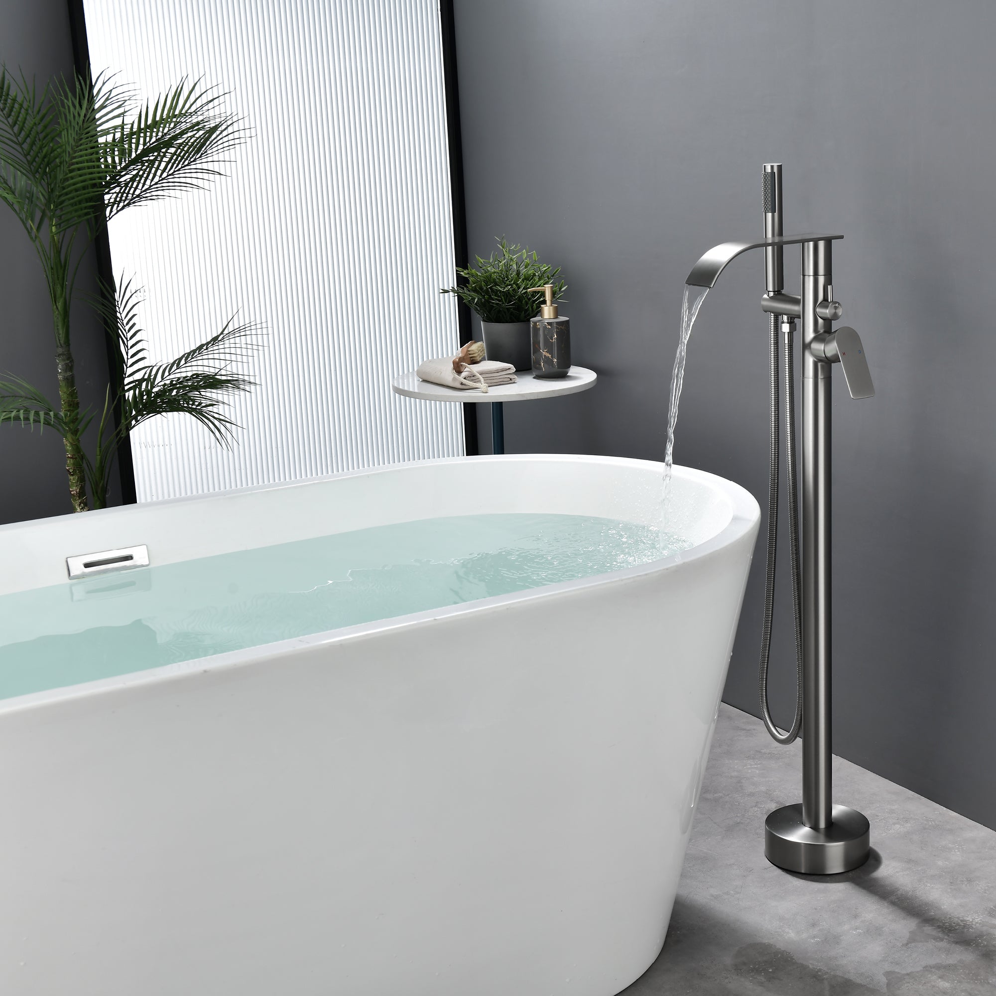 High-flow freestanding tub faucet with hand shower in Brushed Gold | Brushed Nickel | Matte Black