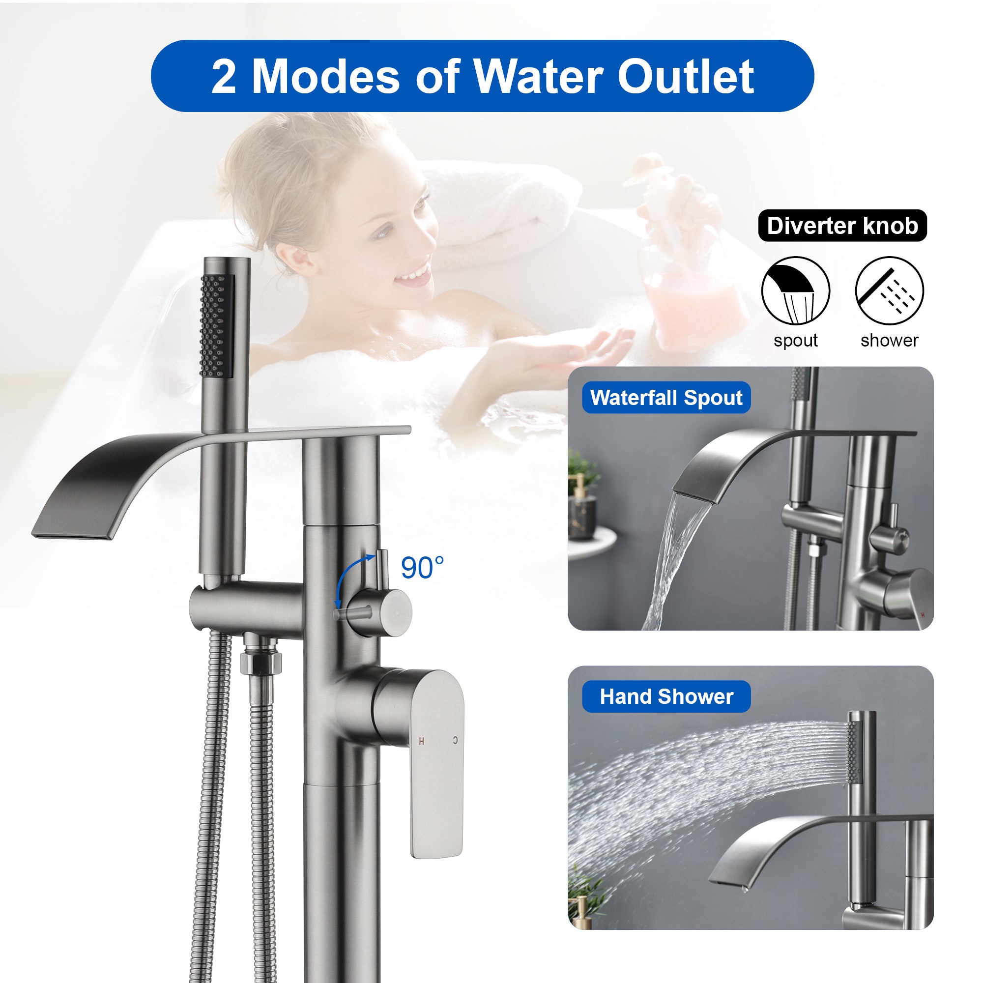 High-flow freestanding tub faucet with hand shower in Brushed Gold | Brushed Nickel | Matte Black