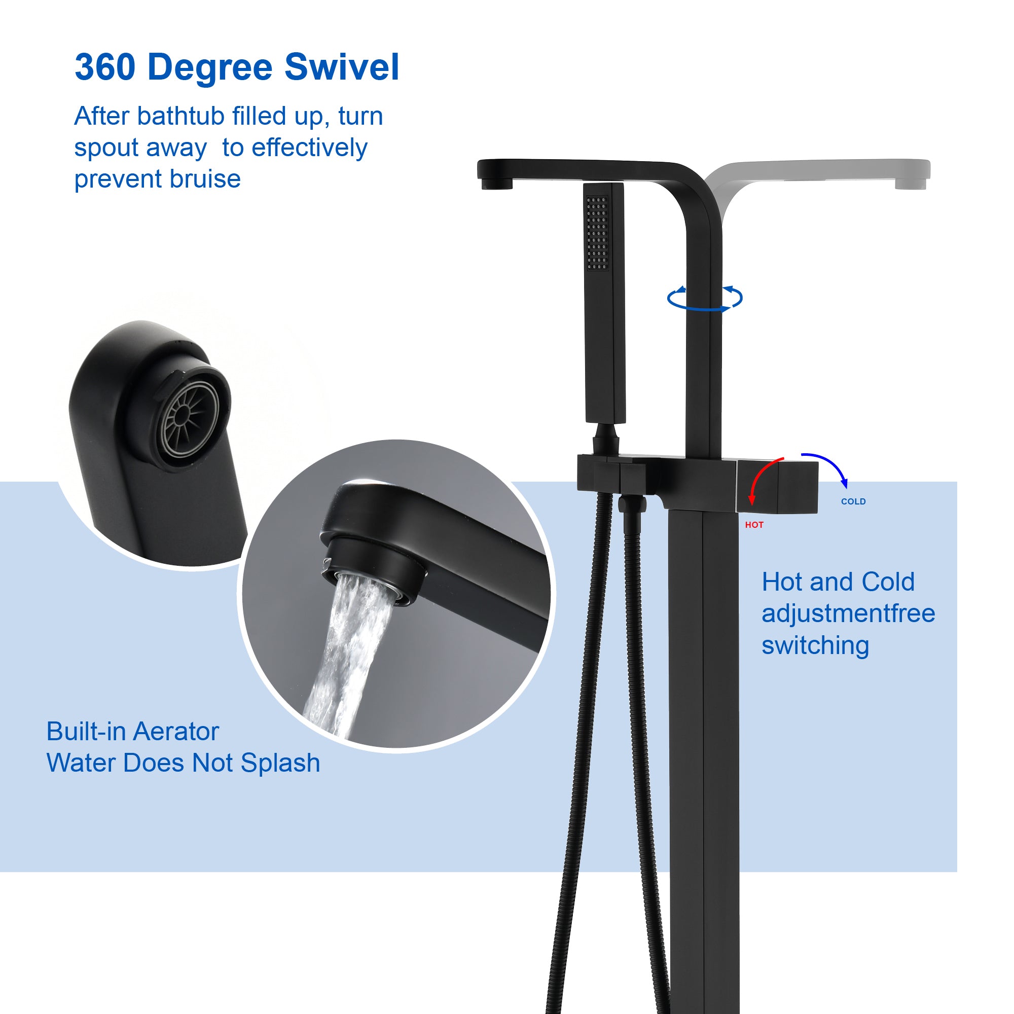 Two Water Modes freestanding tub faucet with handheld sprayer and 360° Swivel Spout