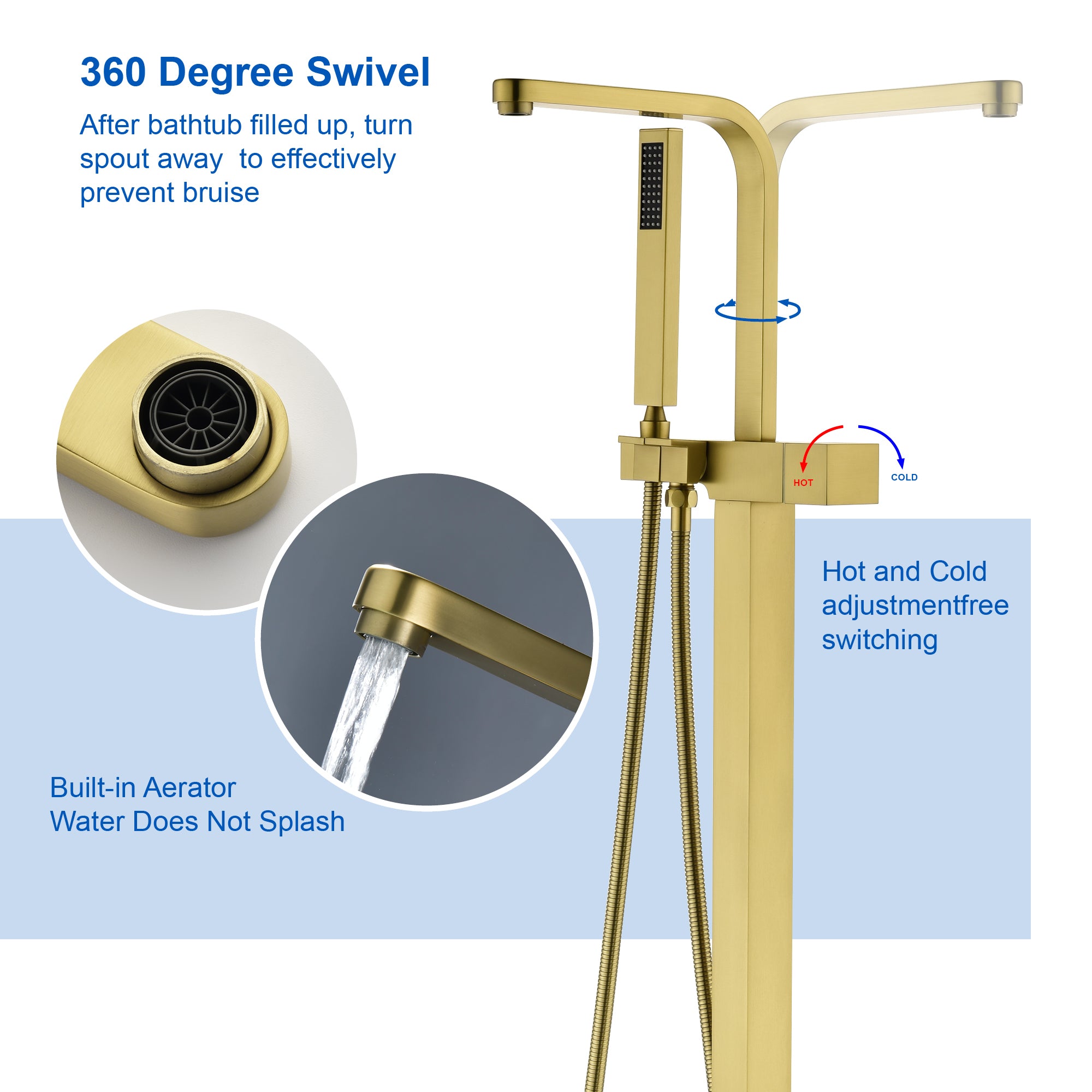 Two Water Modes freestanding tub faucet with handheld sprayer and 360° Swivel Spout