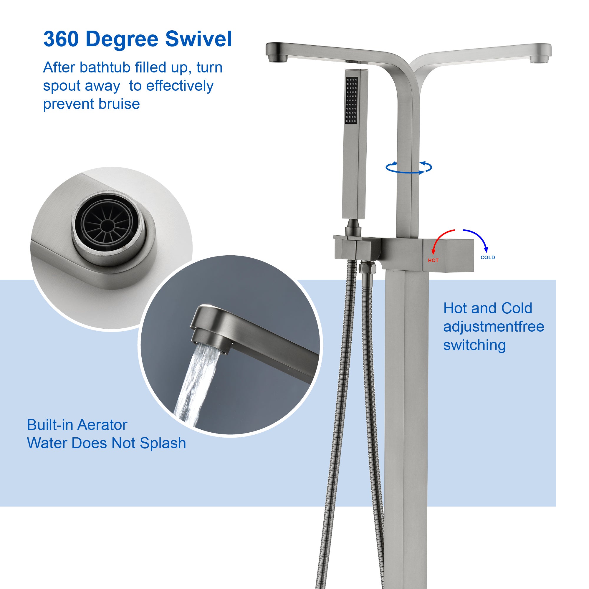 Two Water Modes freestanding tub faucet with handheld sprayer and 360° Swivel Spout